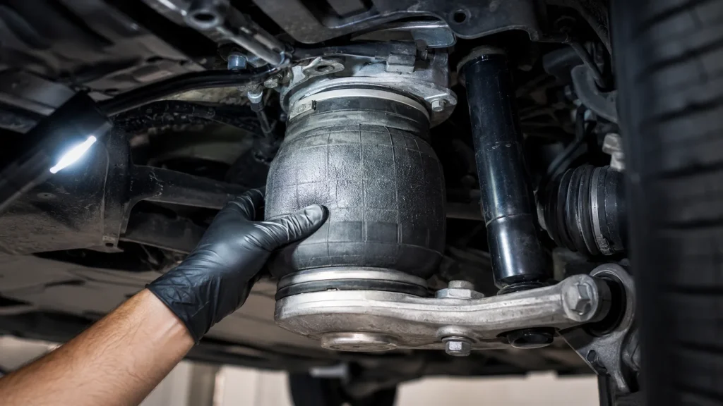 Mechanic inspecting a luxury SUV air suspension strut from underneath during a Houston pre-purchase inspection