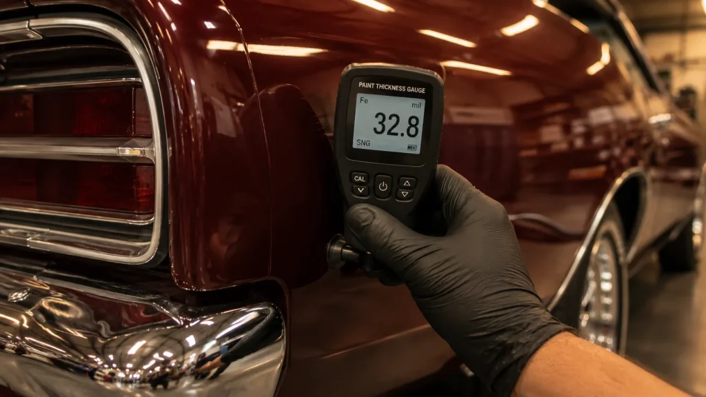 Paint thickness gauge on a classic car quarter panel detecting hidden body filler beneath a flawless paint surface