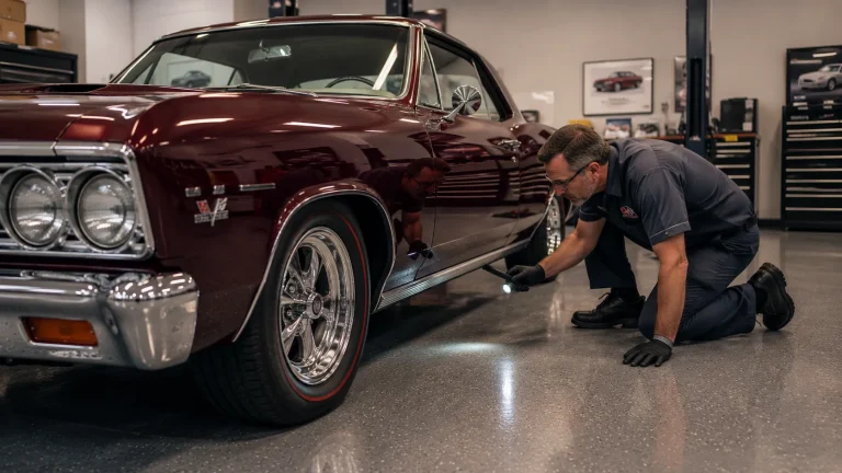 Classic car inspector examining the rocker panel of a vintage 1960s muscle car at a Houston inspection facility
