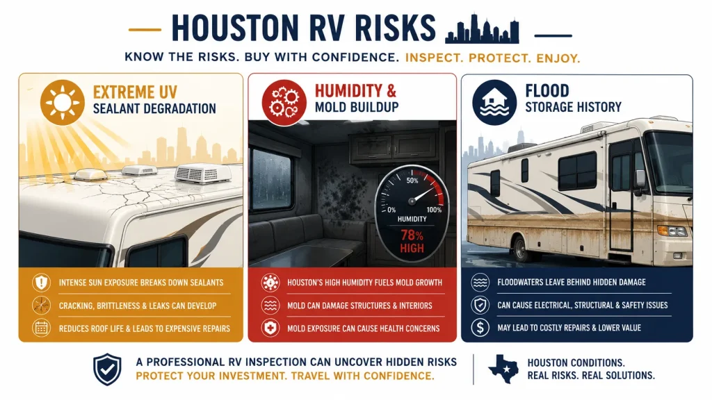 Illustration of Houston-specific RV risks including UV roof damage, interior mold from humidity, and flood storage history