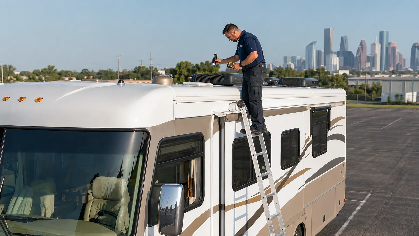 RV inspector examining roof seams and sealant on a Class A motorhome during a Houston pre-purchase inspection