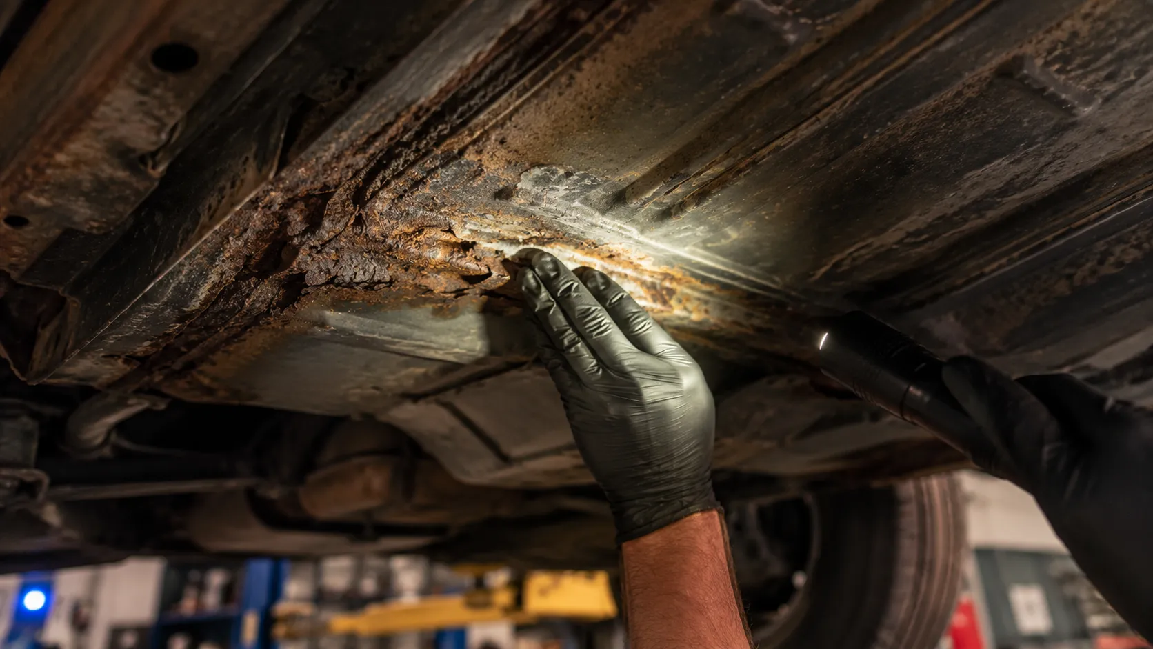Inspector examining rust on the floor pan of a classic car during a Houston pre-purchase inspection