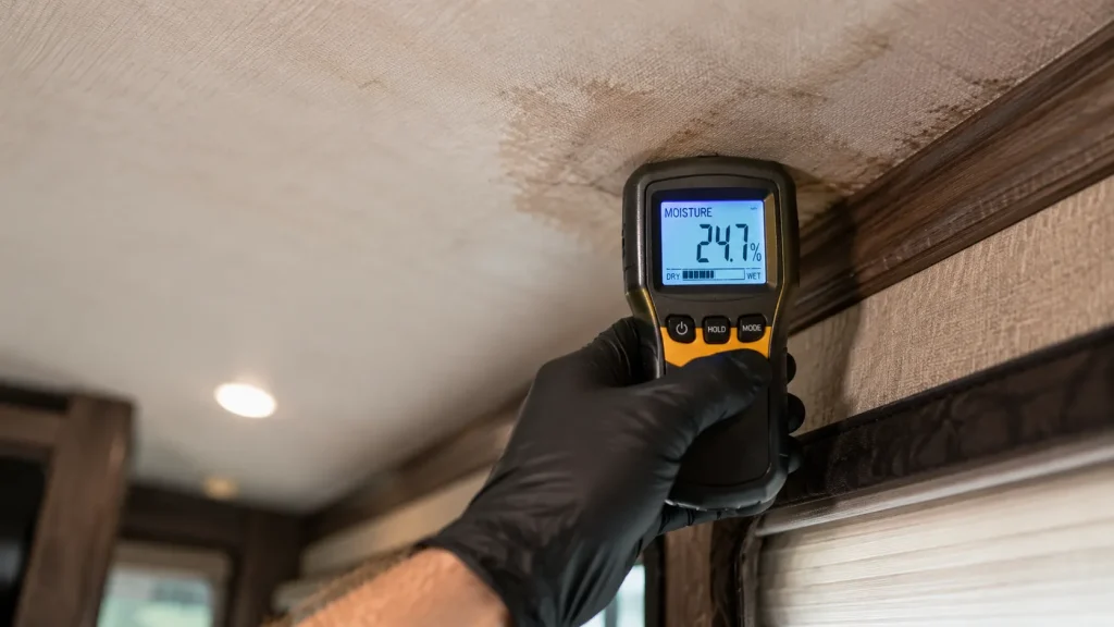 Inspector using a moisture meter on an RV ceiling to detect water intrusion from roof seam failure