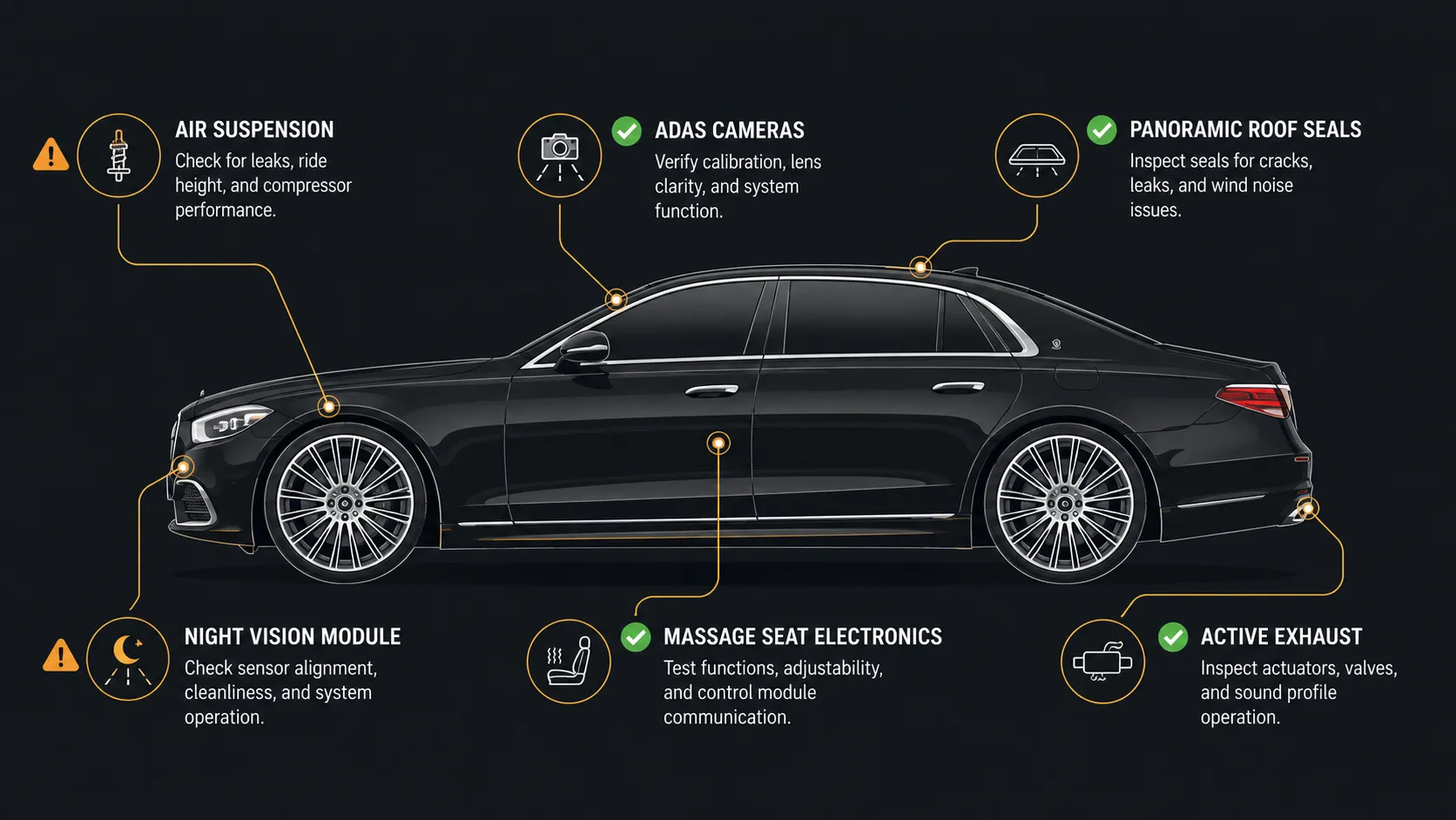 Luxury car inspection diagram showing six advanced systems checked beyond a standard used car inspection