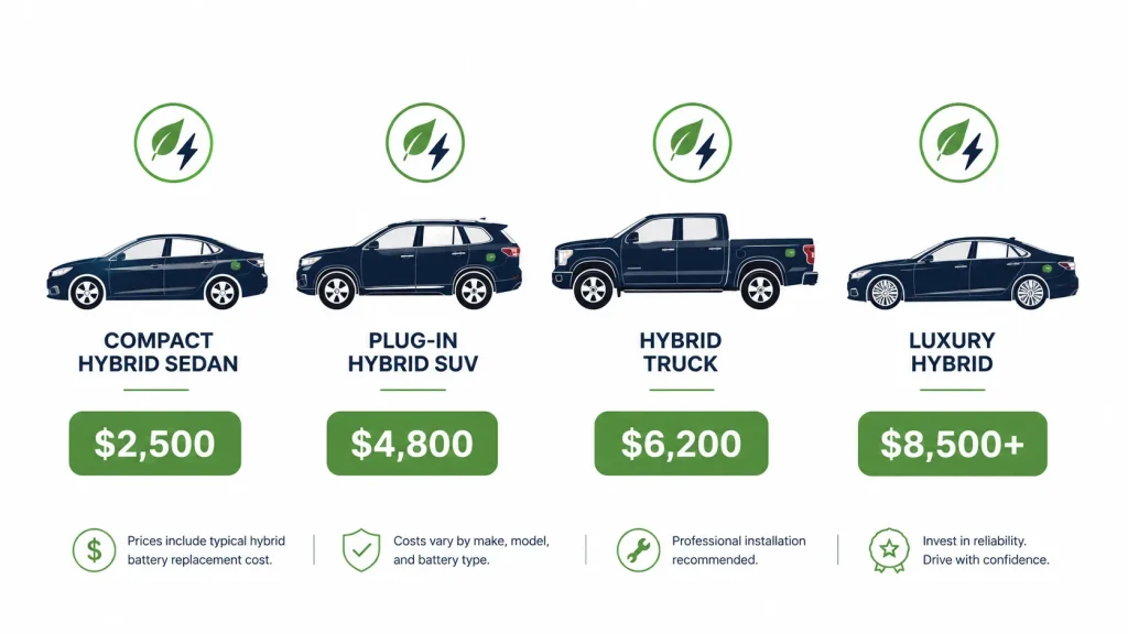 Hybrid battery replacement cost comparison chart by vehicle type from compact sedan to luxury hybrid
