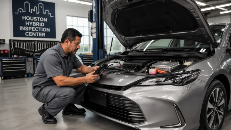 Mechanic inspecting a hybrid vehicle engine bay at a professional auto inspection garage in Houston