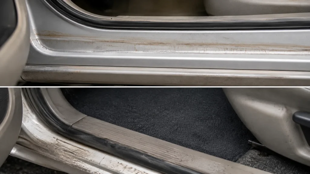 Flood damage evidence showing a tide line on a car door sill and suspiciously new carpet inconsistent with the car's age