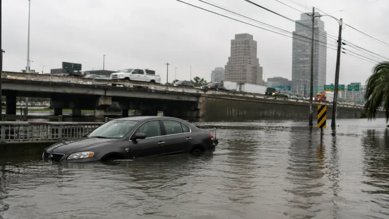 Used car partially submerged in flood water on a Houston street showing why flood damage inspection is critical for buyers