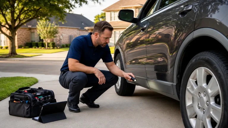 Mobile used car inspector examining a vehicle in a Sugar Land TX driveway as part of a Fort Bend County pre-purchase inspection service