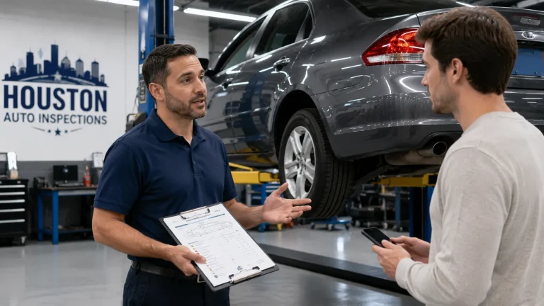 Auto inspector explaining pre-purchase inspection findings to a used car buyer at a Houston inspection garage