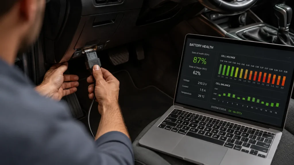 Mechanic running a hybrid battery diagnostic scan showing cell balance and health readout on a laptop