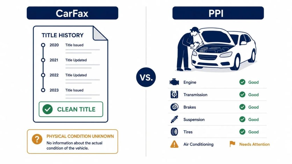 Illustration comparing what a CarFax report reveals versus what a physical pre-purchase inspection uncovers on a used car