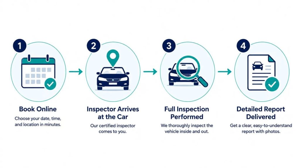 Four-step pre-purchase inspection process illustration from booking to report delivery