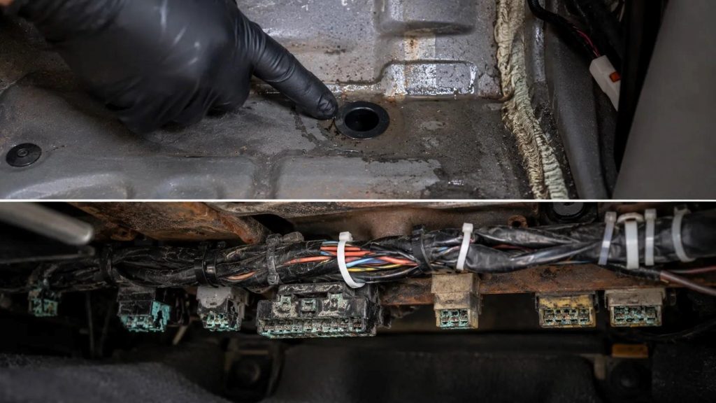 Flood damage evidence showing a used drain plug on a car floor pan and corroded wiring harness under the dashboard
