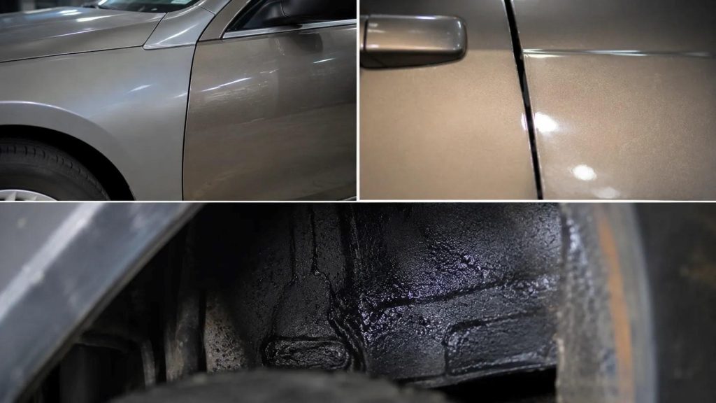 Three physical red flags on a used car showing paint mismatch between panels, uneven door gap, and fresh undercoating over the floor pan