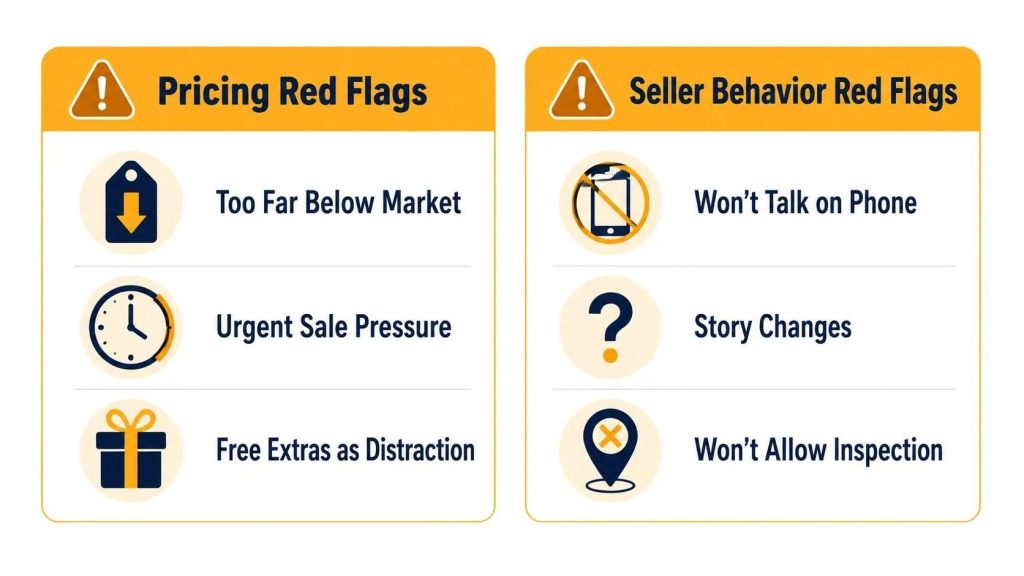 Used car pricing and seller behavior red flags illustrated as warning badges for Houston buyers