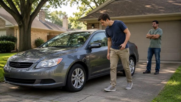 Used car buyer carefully inspecting a vehicle at a private seller's driveway before purchase in Houston