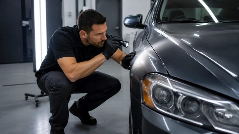 Auto inspector using raking light technique to check for paint overspray and panel misalignment indicating prior accident repair
