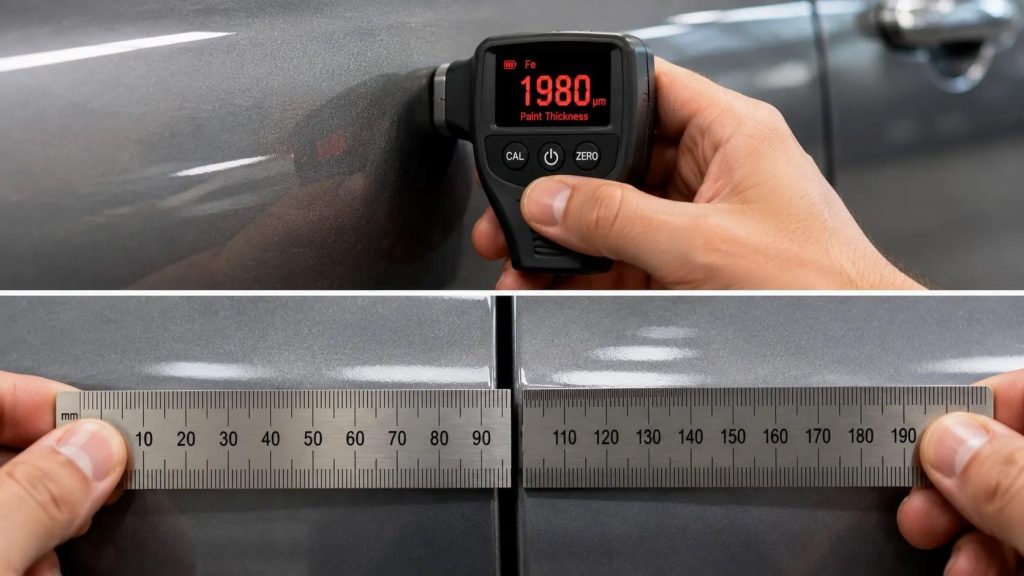 Paint thickness gauge detecting body filler and a ruler showing uneven panel gaps as accident history indicators on a used car