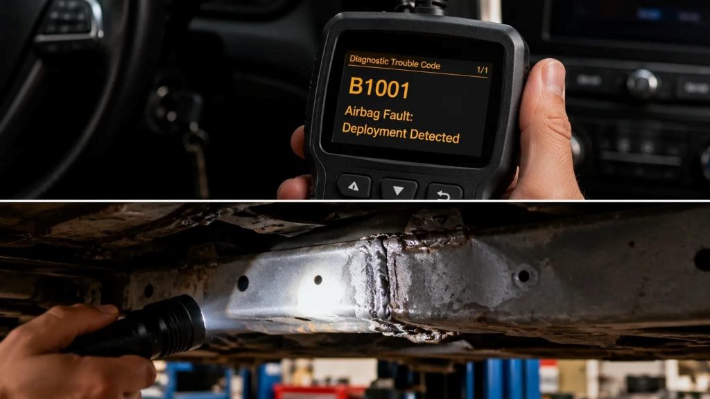 Airbag deployment fault code on a scanner and a bent frame rail on a lifted car revealing hidden accident damage