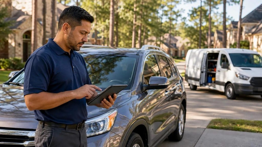 Mobile auto inspector reviewing findings beside a used SUV in a Spring TX driveway on the I-45 North corridor