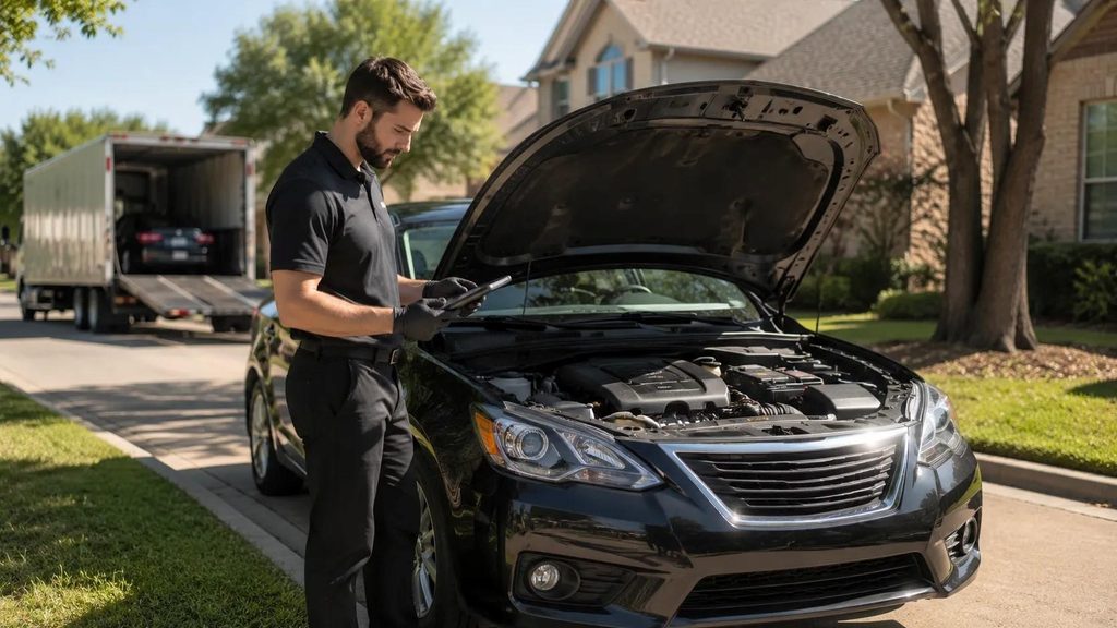 Mobile inspector examining a newly delivered online-purchased used car in a Houston driveway during the return window